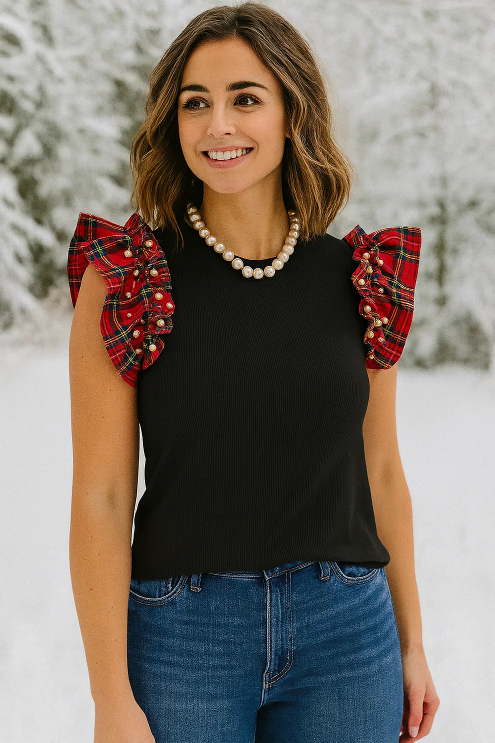 *Plaid Pearl Ruffle Top*