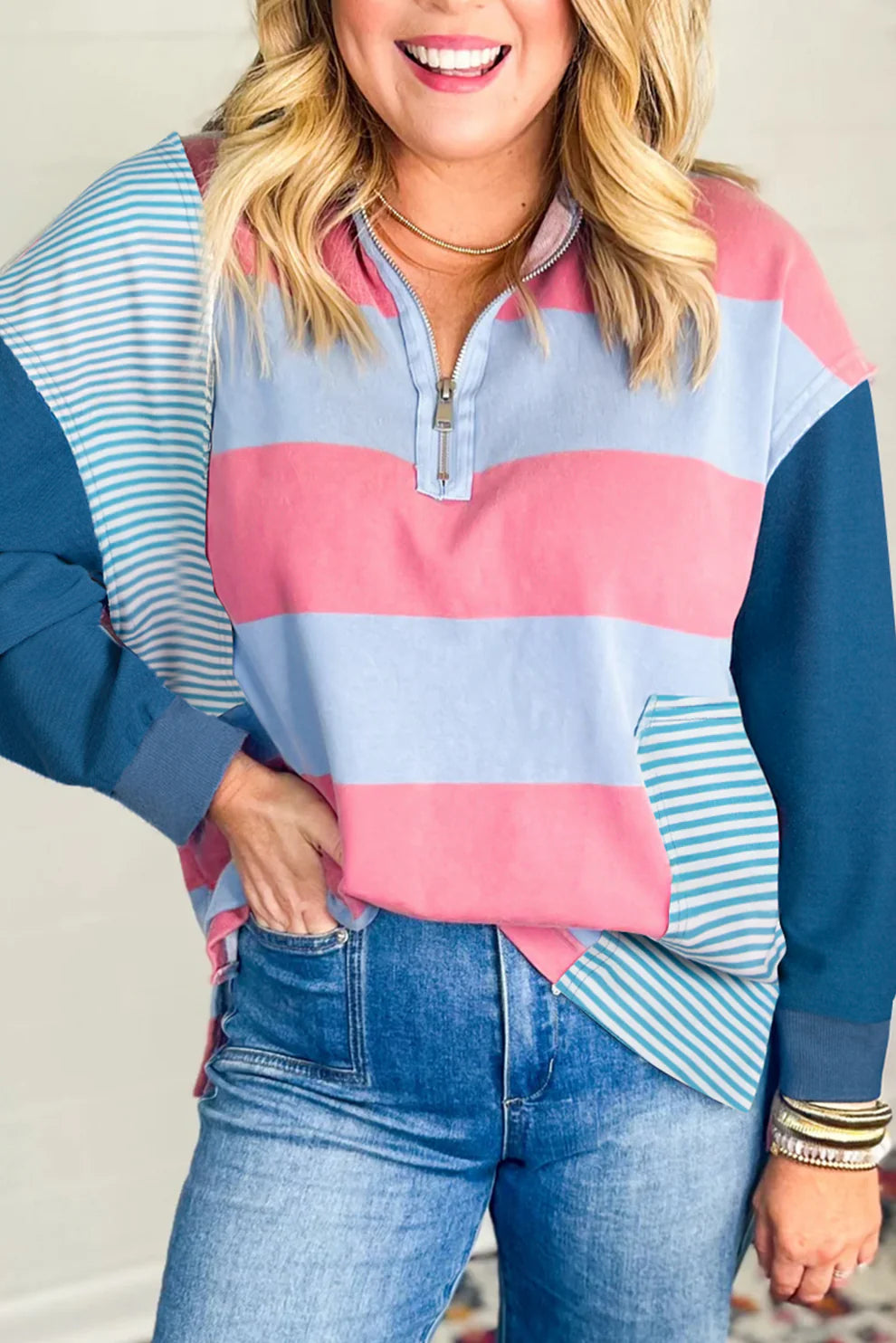 *Blue Stripe Plus Colorblock Pullover*