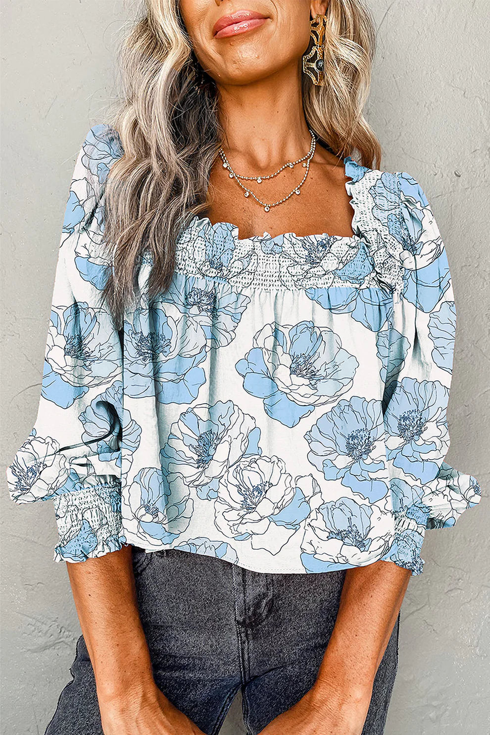 *Blue Floral Square Neck Top*