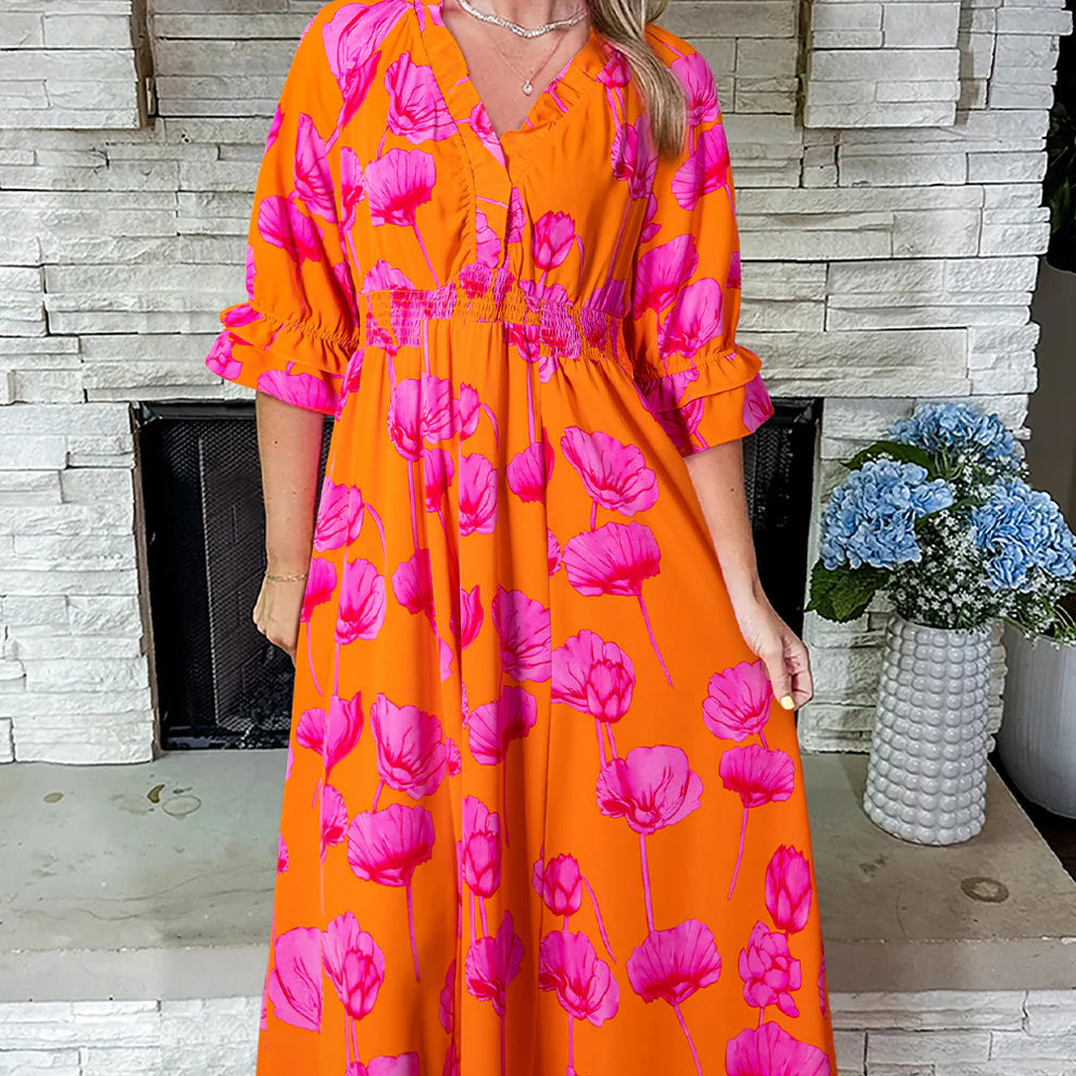*Orange Floral Smocked Dress*