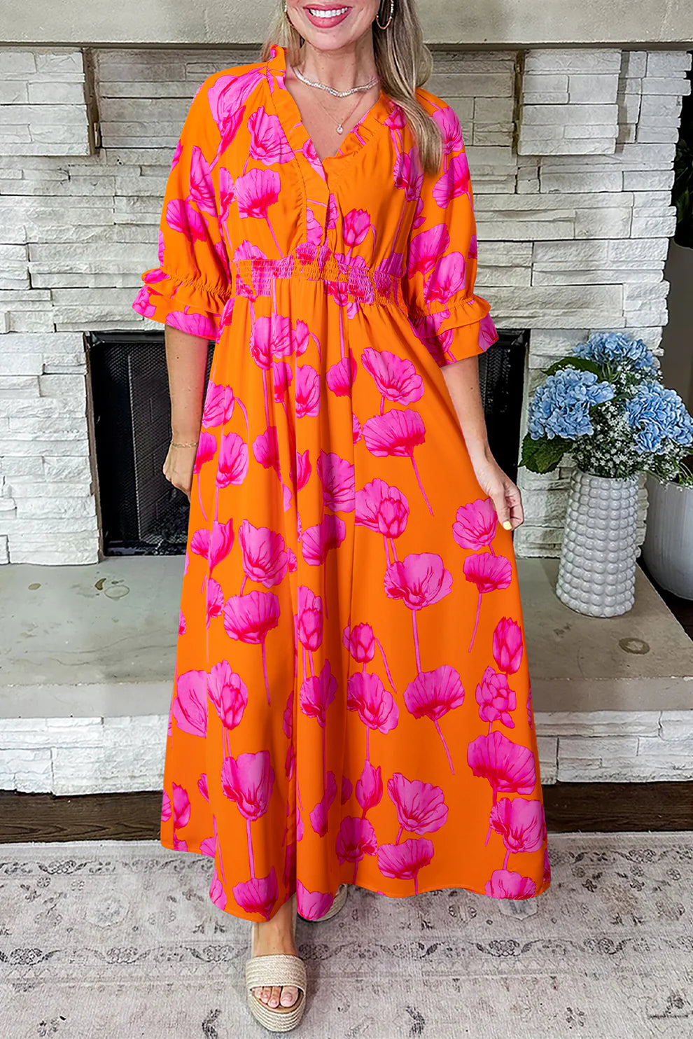 *Orange Floral Smocked Dress*