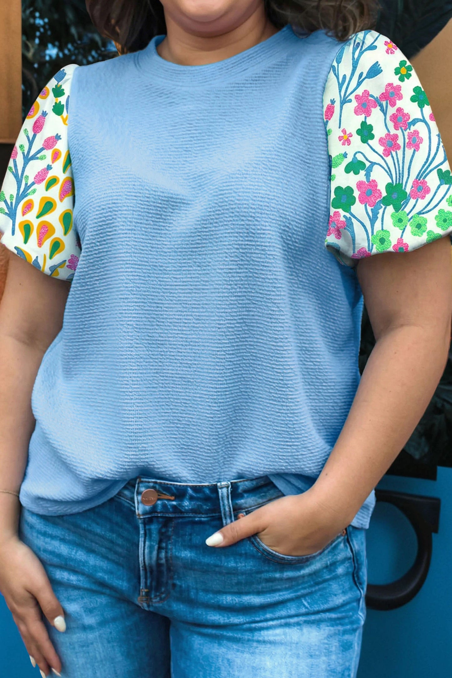 *Blue Textured Floral Sleeve Top*
