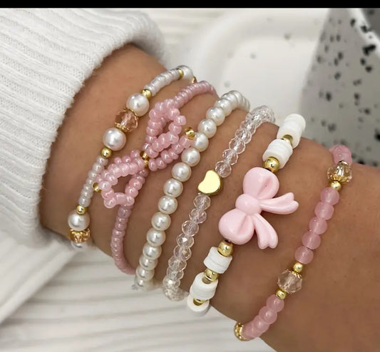 Pink Pearl Bow Stretch Bracelet Sets