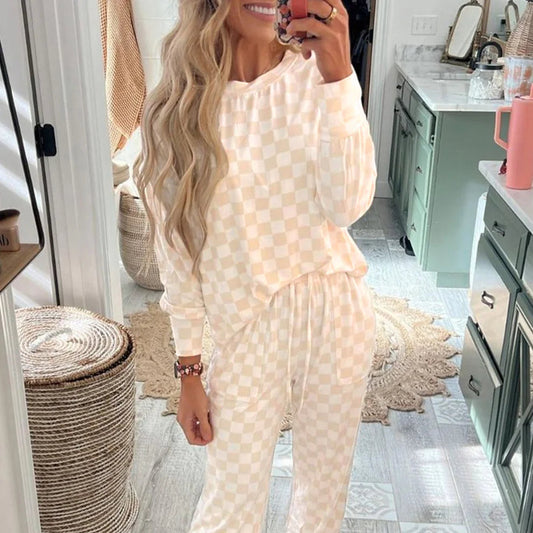 *Beige Checkered Lounge Set*
