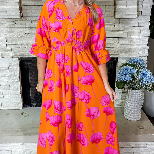 *Orange Floral Smocked Dress*