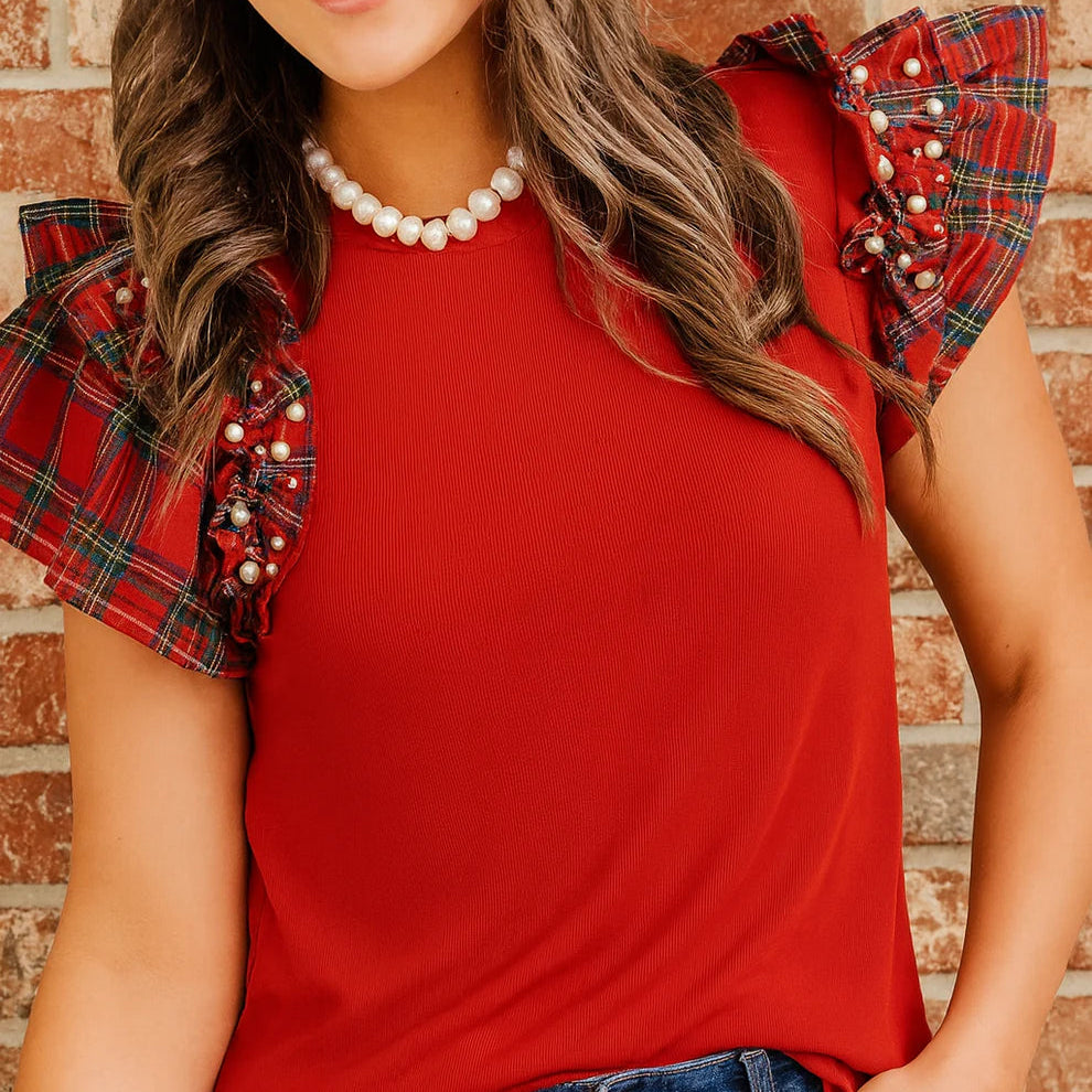 *Plaid Pearl Ruffle Top*