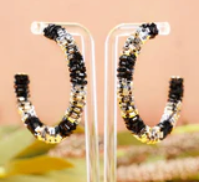 Diva Black Beaded Wrapped Hoop Earrings