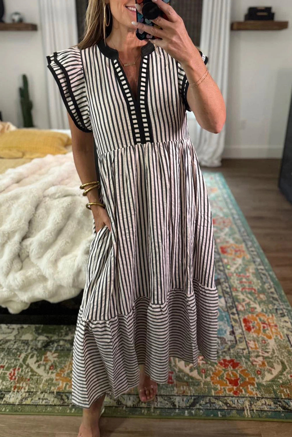 Stripe Double Ruffled Midi Dress