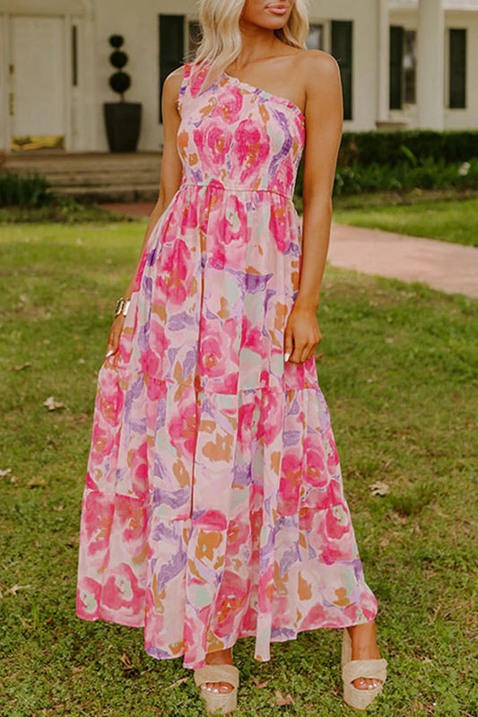 *Pink Floral  One Shoulder Maxi Dress*