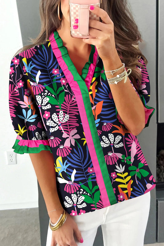 *Floral Frilled Trim Top*
