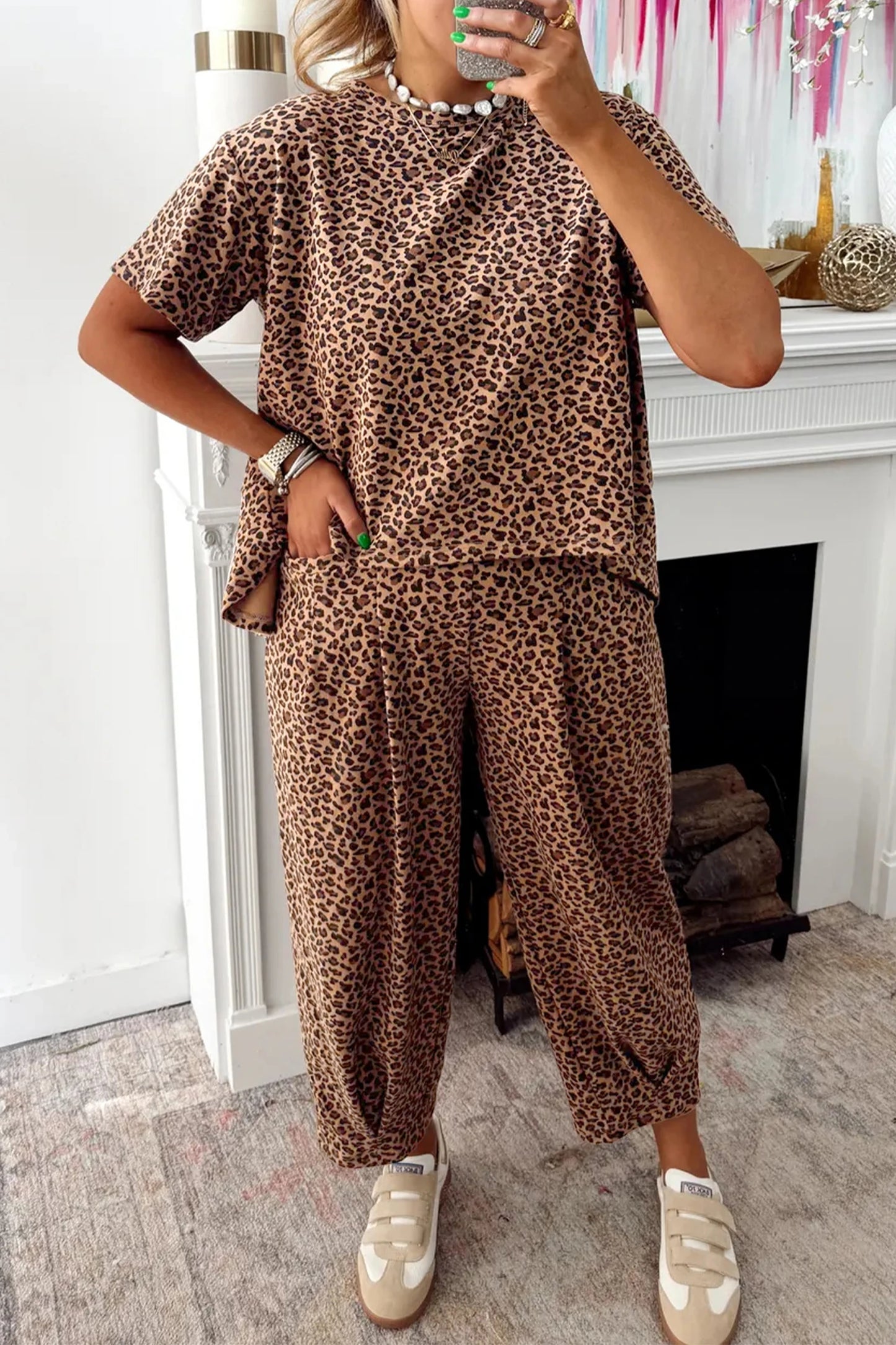 Brown Leopard Barrel Pant Set
