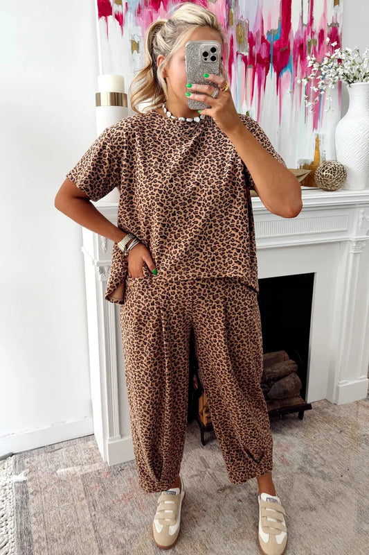 Brown Leopard Barrel Pant Set