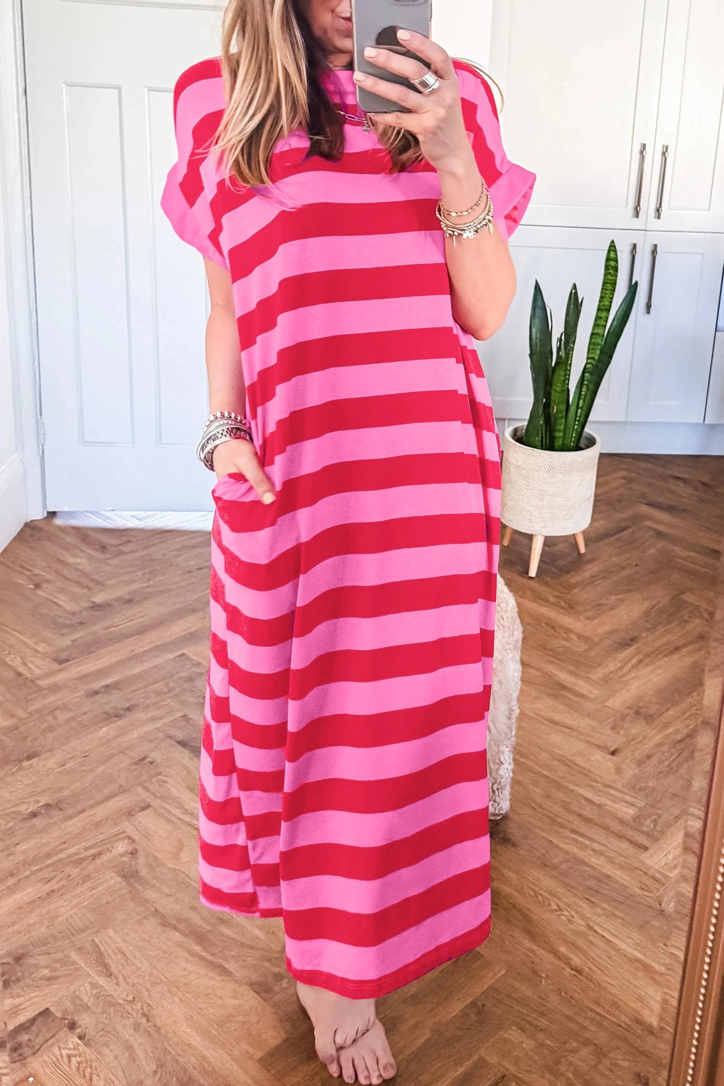 *Pink & Red Striped Maxi Dress*
