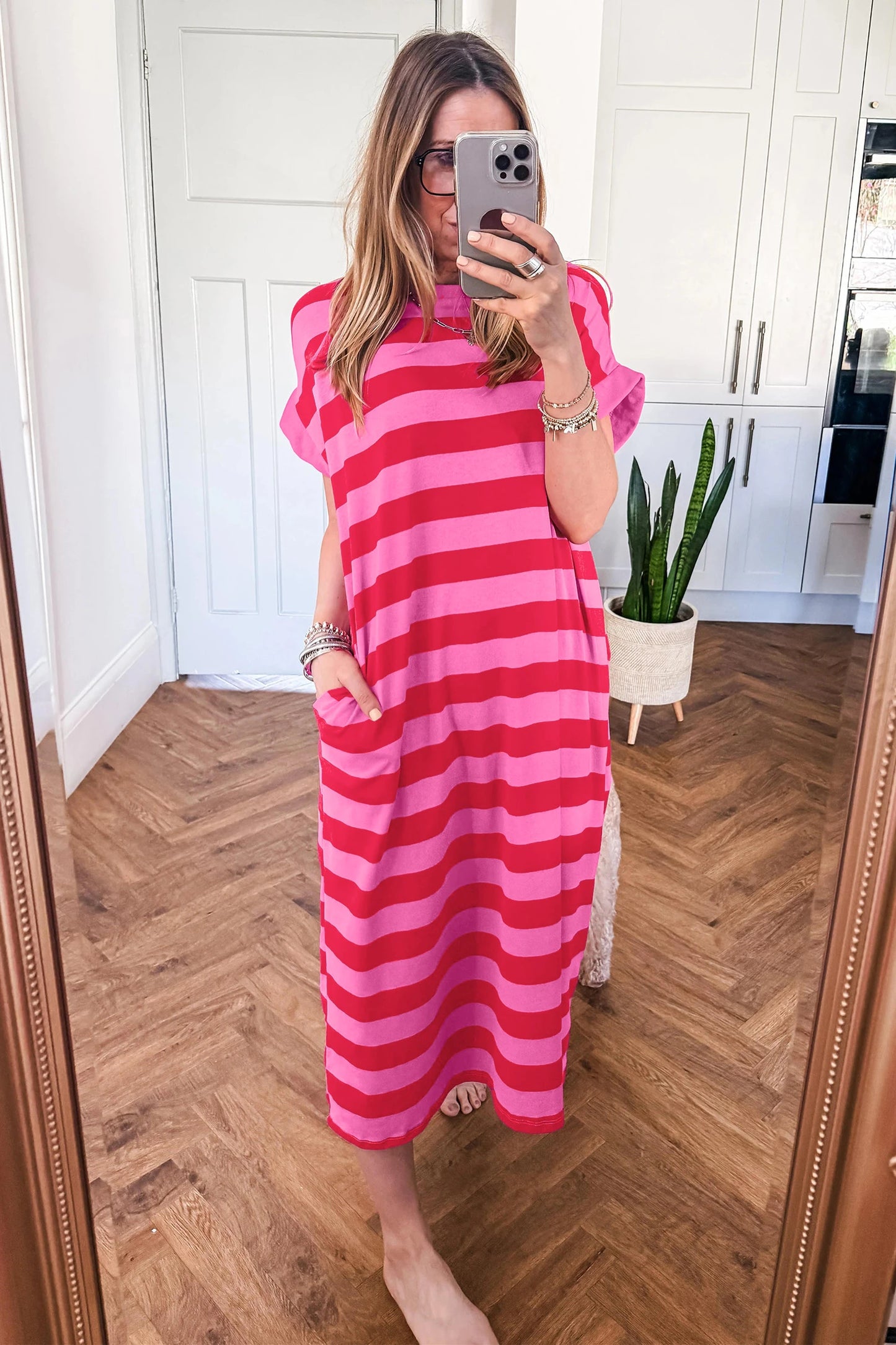 *Pink & Red Striped Maxi Dress*