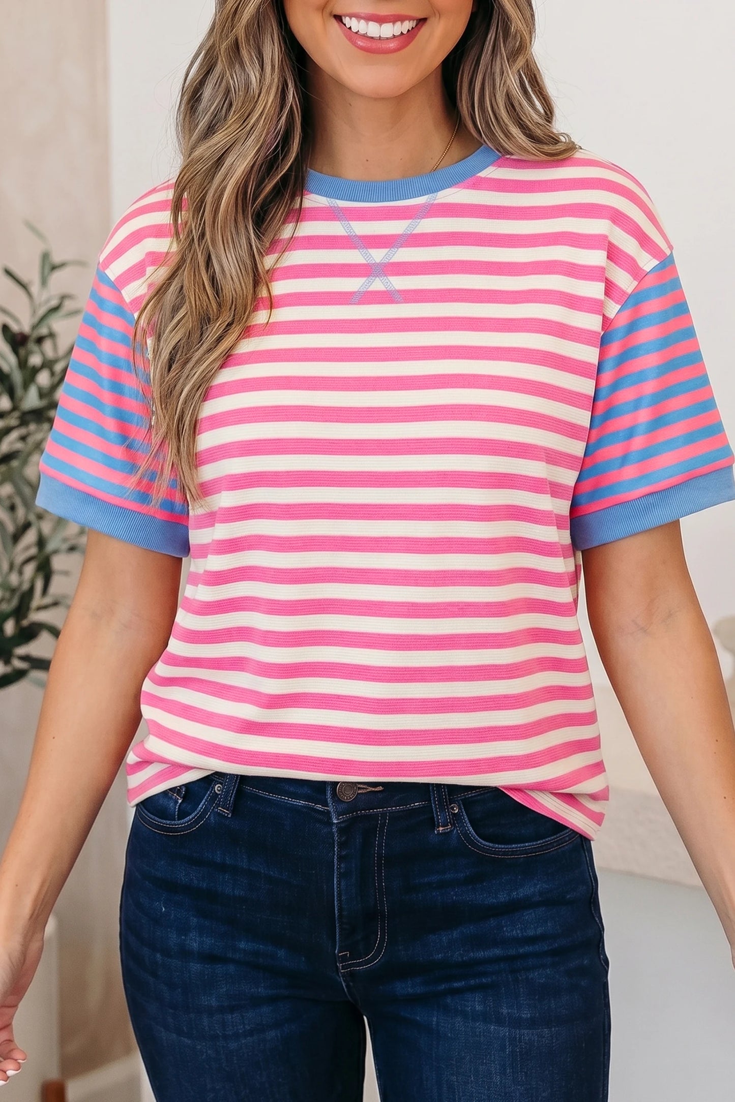 *Pink Stripe Contrast Patch Top*