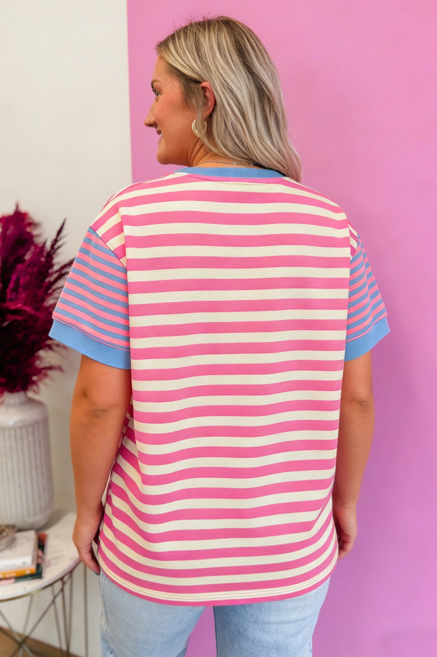 *Pink Stripe Contrast Patch Top*