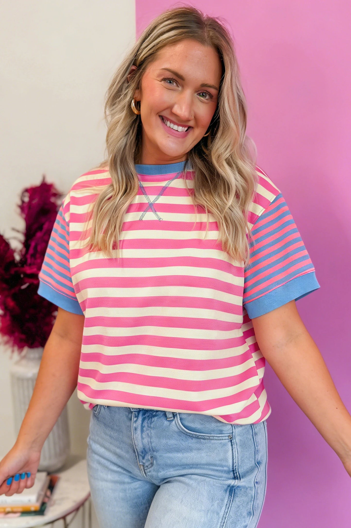 *Pink Stripe Contrast Patch Top*