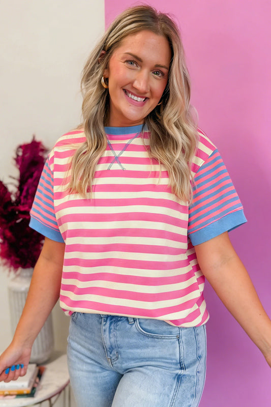 *Pink Stripe Contrast Patch Top*