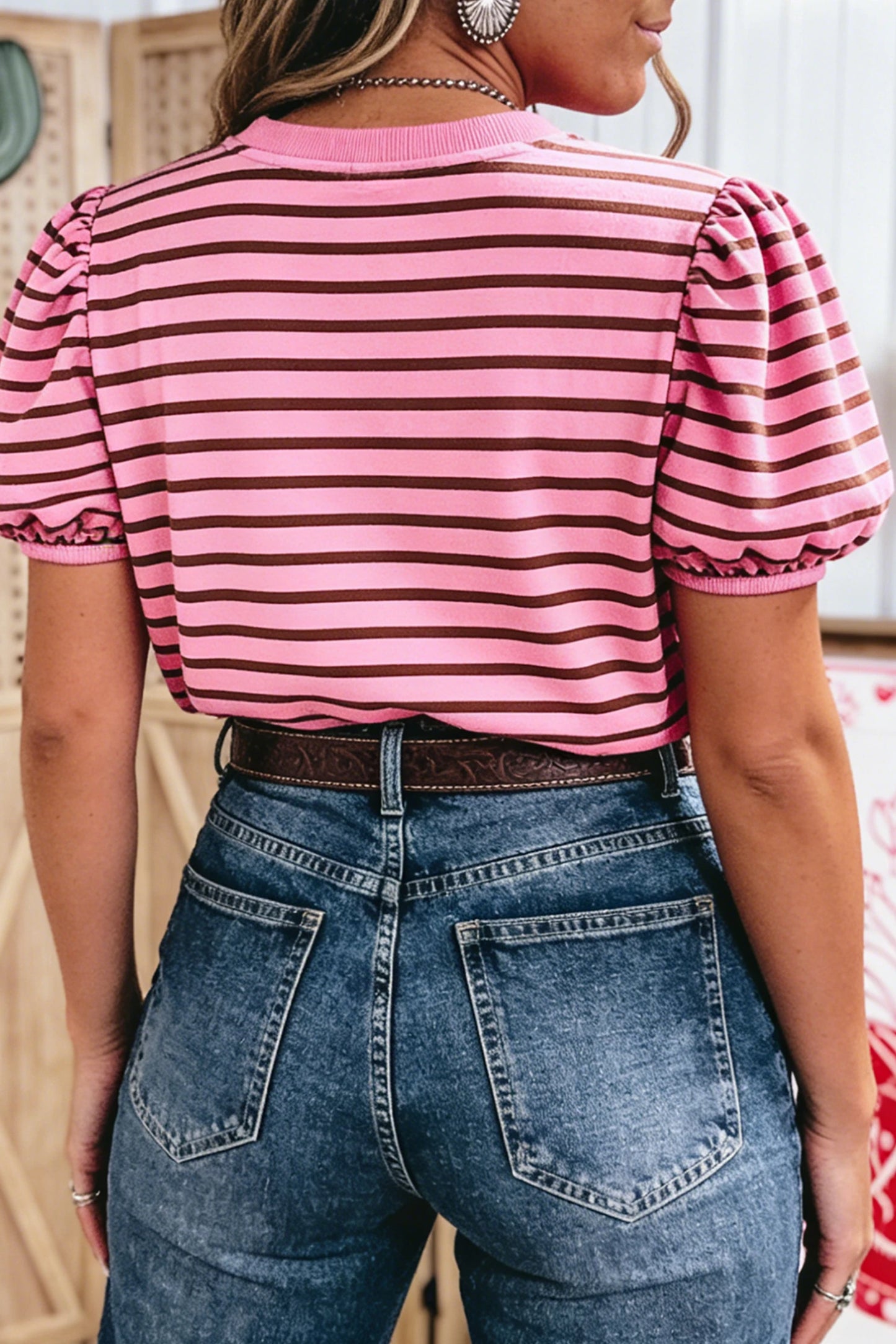 *Pink Stripe Puff Sleeve Top*