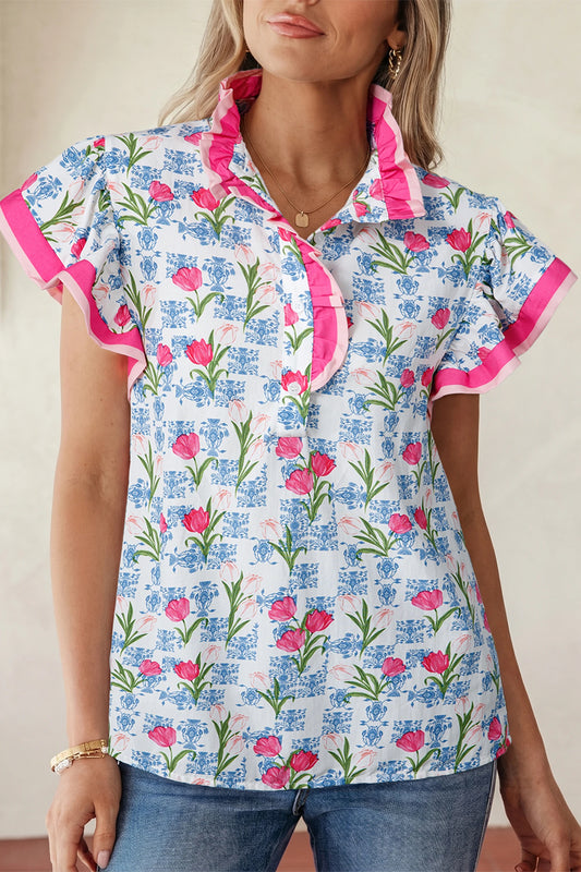 *Rose Floral Contrast Trim Top*