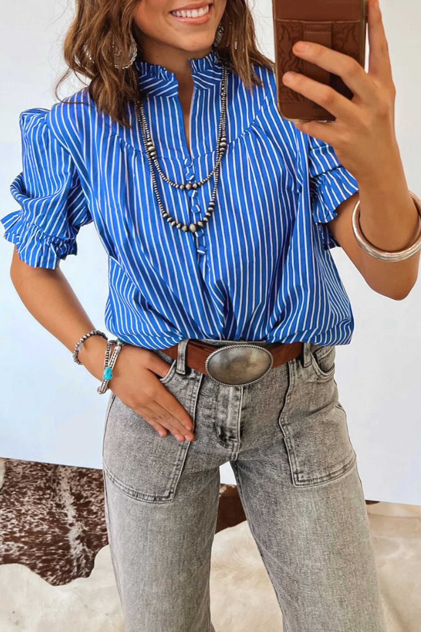 *Blue Striped Ruffle Top*