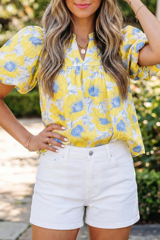 *Yellow Floral Puff Sleeve Top*